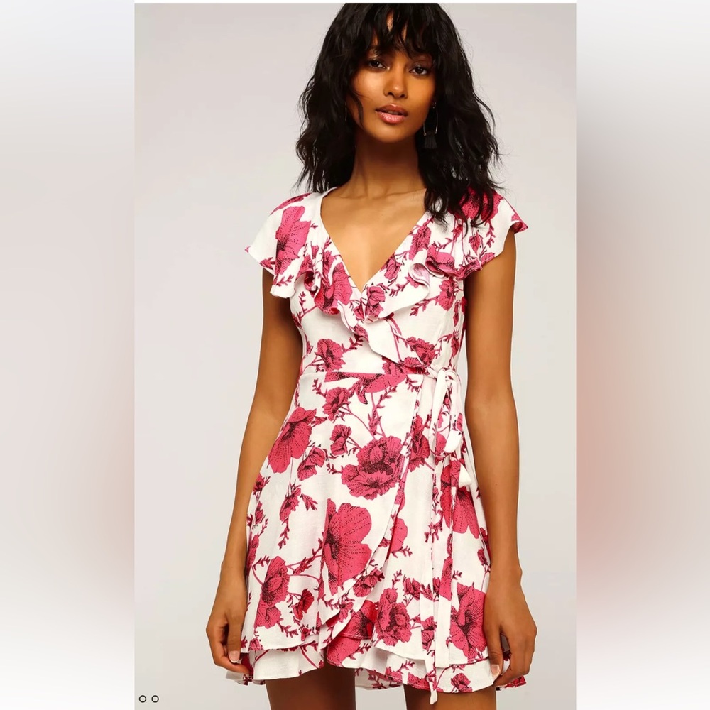 Free People Wrap Dress Women S White Pink Floral French Quarter Ruffle Mini Boho